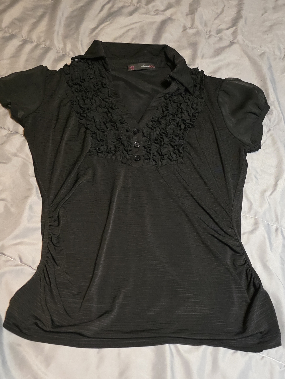 HeartSoul Black Ruffled V-Neck Short Sleeve Blouse
